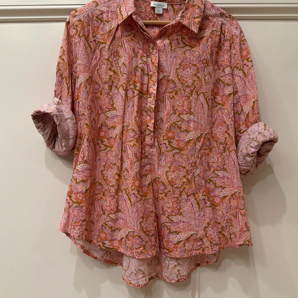 Sundance Poppy Bloom paisley print cotton blouse top in pink and orange - Picture 3 of 13
